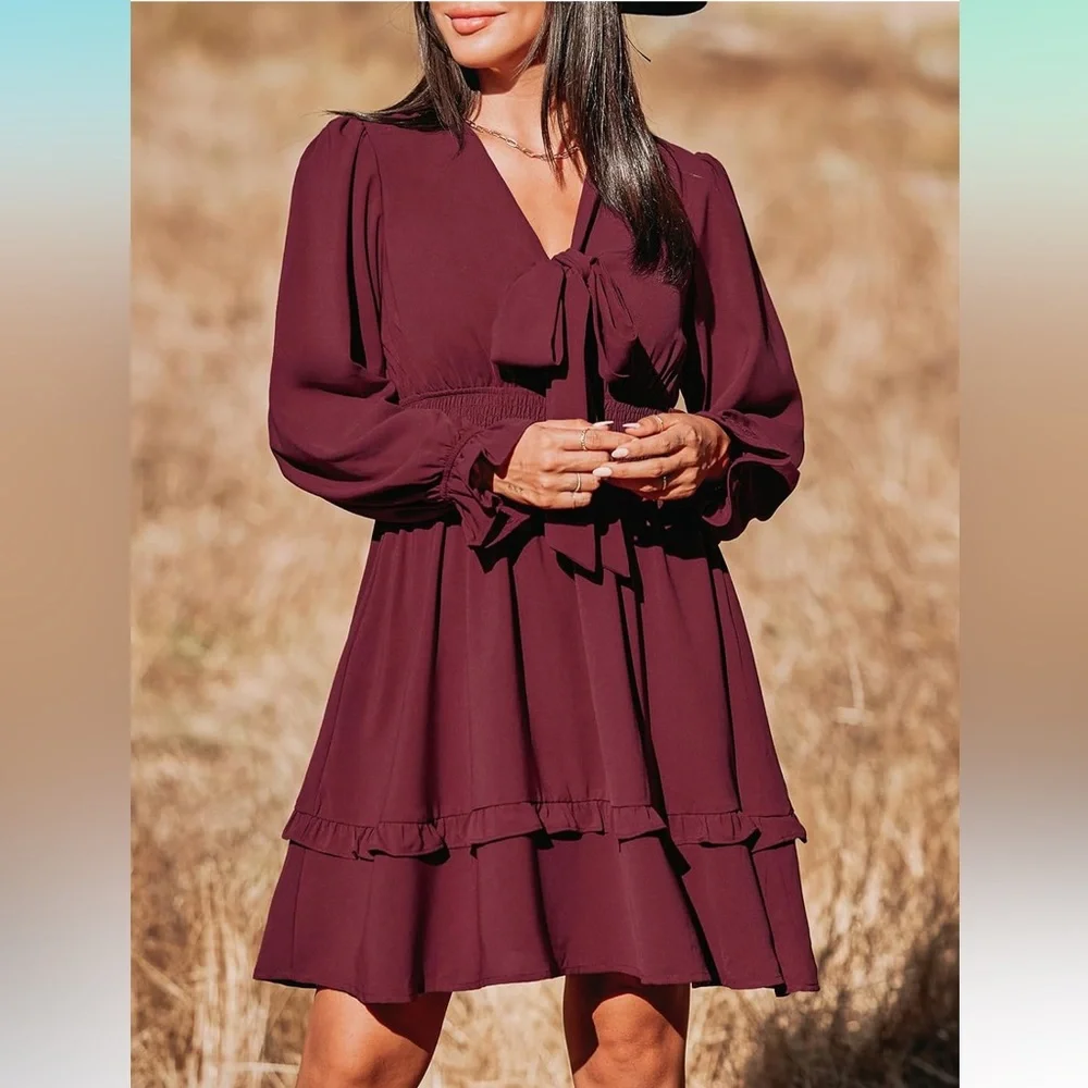 Summer Deep V‎ Neck Knotted Tiered Chiffon Elegant Mini Short Swing Skater Dress